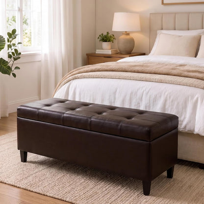 50.5 Inch Storage Ottoman Bench, Faux Leather Tufted Upholstered Bedroom Bench with Safety Hinges, Supports 300 lbs, Large Storage Bench for Living Room, Entryway (Brown)