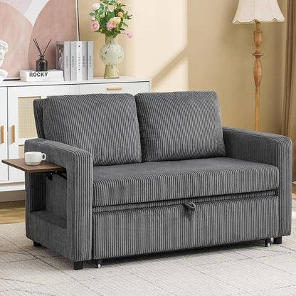 3 in 1 Convertible Sofa Bed, Pull Out Couch with Dual USB and Type C Ports, Chenille Fabric Loveseat Sleeper Sofa Bed, Sofa Bed with Foldable Side Table for Living Room Home Office Apartment