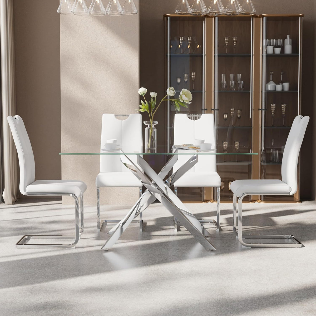 5-Piece Dining Table Set for 4, Modern Rectangular Glass Table with 4 Upholstered Leather Chairs, Space-Saving Dining Room Furniture Table & Chair Sets for Small Spaces&Apartment(White&Silver)