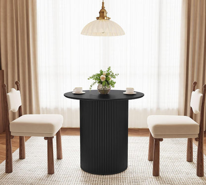 31.5 inch Round Dining Table for 2, Farmhouse Wood Fluted Dinner Round Kitchen Table with Wood Fluted Base, Mid-Century Modern Small Circle Dining Room Ta ble for Kitchen Living Room (Black)