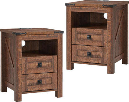 T4TREAM 18" Farmhouse Nightstand Set of 2, Reclaimed Barnwood | Charging Station, Rustic End Table, Open Shelf, 2 Drawers, Living Room, Side Table, Wood Bedside Table, Unique Corner Accent