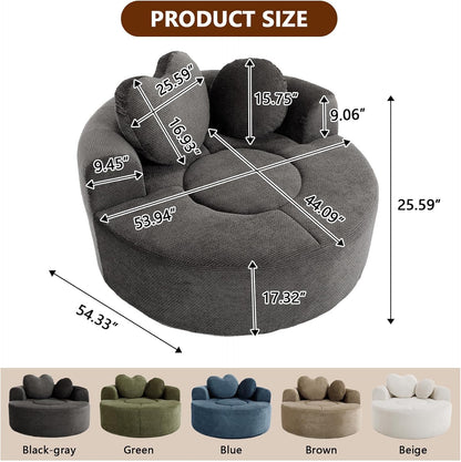 (New) Round Floor Chair Lounger Indoor, Circle Couch With 2 Pillows for Living Room, Cozy Cuddle Chair In a Box With Curved Armrest And Backrest, Heart Shaped, No Assambly Needed (Gray Black)