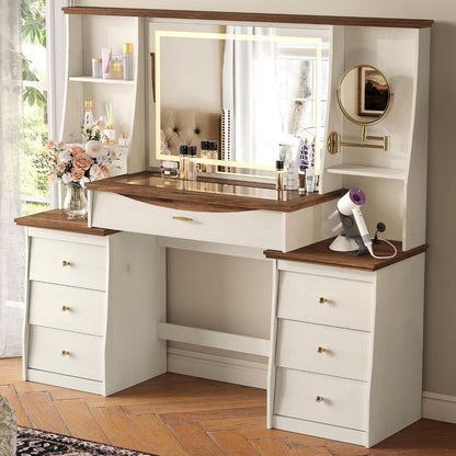 STO'SENSE Makeup Vanity Desk w/Mirror & Lights, 54" Large Vanity Table w/Glass Top, RGB Drawer, 𝐌𝐚𝐠𝐧𝐢𝐟𝐲𝐢𝐧𝐠 𝐌𝐢𝐫𝐫𝐨𝐫&Power Outlet,Make up Desk w/3 Shelves&7 Drawers,Dressing Table,White