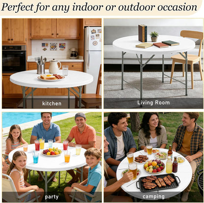 HAISIWLKJ 4FT Round Folding Table White Fold-in-Half with Carrying Handle Portable Plastic Table for Outdoor or Indoor Events,Dining,Wedding, Camping,Party Table