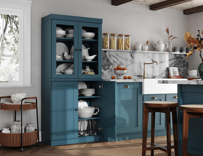 Palace Imports 100% Solid Wood Kitchen Pantry w/ 2 Glass & 2 Wood Doors, Teal Blue, 32" w x 71.5" h, Renewable Eco-Friendly Pine, Made in Brazil