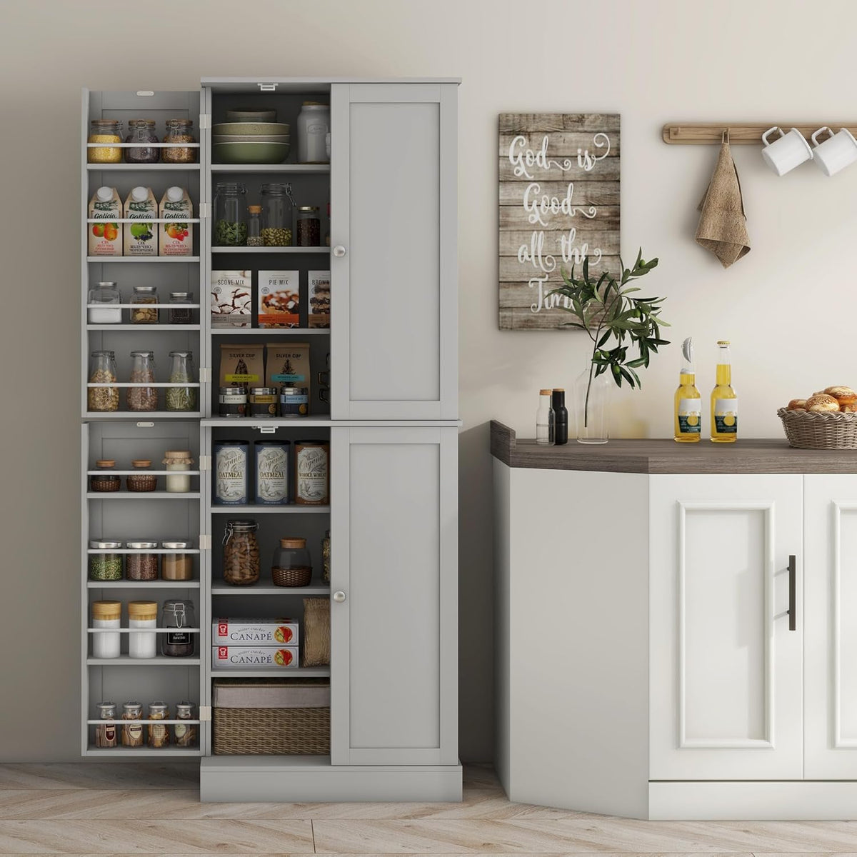 HOMCOM 65" Kitchen Pantry Storage Cabinet 16 Door Shelves Gray | Freestanding Kitchen Cabinet, 4 Doors, 8-Tier Shelving, Adjustable Shelves