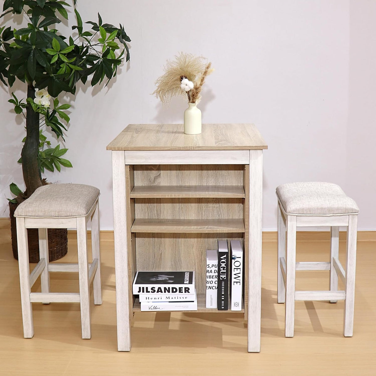3-Piece Wooden Dining Table Set, Kitchen Island with Seating for 2, Kitchen Bar Table with Stools, Counter Height Dining Table Set, Weathered Birch & Antique White, Farmhouse Style