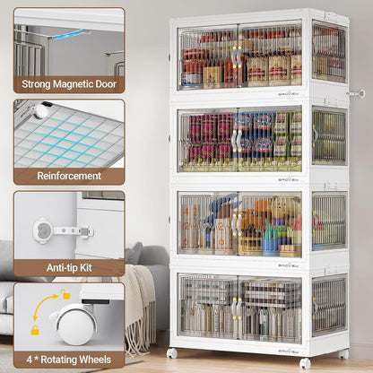 BROVIEW 90Gal Large Stackable Storage Bins with Lids, Plastic Closet Organizer and Storage Drawer, Collapsible Storage Box with Wheels, Folding Storage Cabinet with Doors for Home Office, 3Pack White