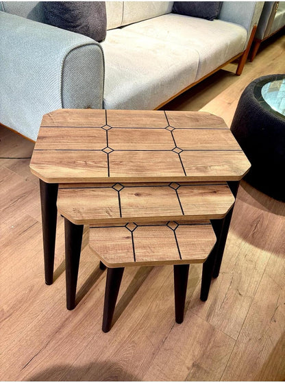 3-Piece Nesting Side Table Set Antique Pine Wood Modern Style Rectangular Tops 3 Heights 20 in 18.5 in 14 in - Brown