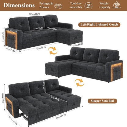 81'' LED L-Shaped Sectional Couch for Living Room, Sleeper Sofa Bed, Black | Comfy Chenille Cloud Couch, Pull Out Bed, Storage Chaise, 5-level Adjustable Backrest, USB Charging, 2 Pillow, 900LB Capacity