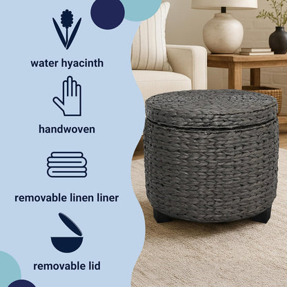 happimess Addie Handwoven Water Hyacinth Storage Ottoman 17.72", Black | Removable Lid, Coastal Foot Rest, 11 Gallon Capacity, Lined Interior, Wooden Legs, Entryway Seating, Holds 150 Lbs