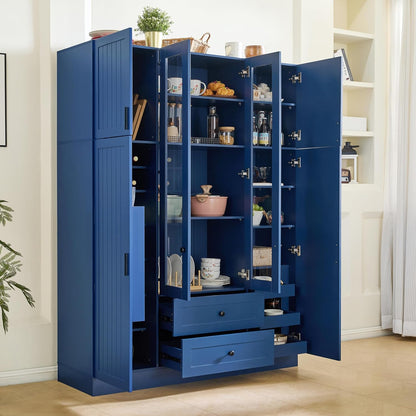 JIVOIT 71''H Large Kitchen Pantry with 6 Doors, Drawers, Adjustable Shelves, Door Shelves, Pull-Out Trays and Wine Rack, Modern Wood Storage Cabinet Cupboard for Dining Room (Blue/170)