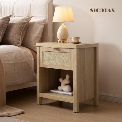 SICOTAS Nightstands Set of 2 Rattan Night Stand with Drawer | Farmhouse Bedside Table with Storage Shelf - Boho End Side Table for Bedroom, Light Oak