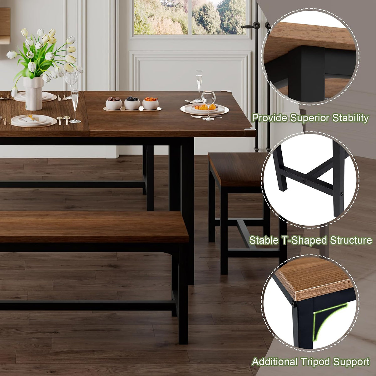 Feonase 5-Piece Dining Table Set for 4-8 People, 63" Extendable Kitchen Table with 2 Benches and 2 Square Stools, Mid-Century Modern Wooden Dining Room Table, Space-Saving, Walnut