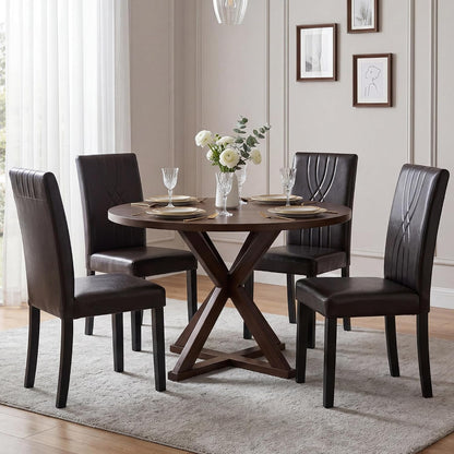 LSSBOUGHT Modern Dining Chair Set of 6,Urban Style Leather Kicthen Chairs with Solid Wood Legs for Dining Room and Restaurant (Brown-Quilted backrest)