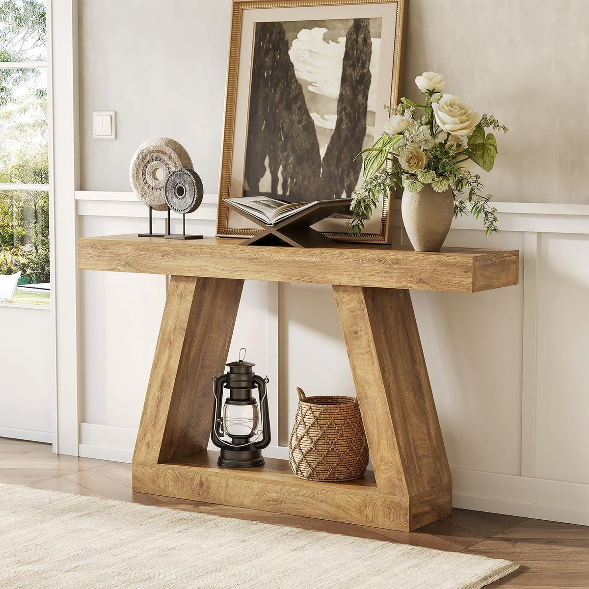 LITTLE TREE 55-Inch Sofa Table with Storage, Farmhouse Console Table for Home, Rectangular Wooden Entryway Furniture for Living Room, Bedroom, Office, Hallway, Oak