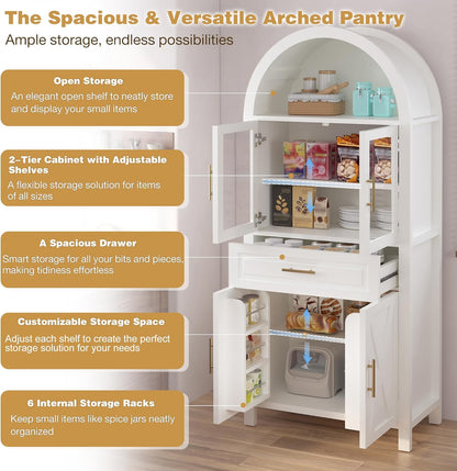 GDFStudio 71" Tall Arched Cabinet with Glass Door & Barn Door Design, Modern Farmhouse Storage Cabinet with Adjustable Shelves - White