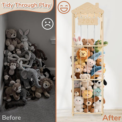 AMBIRD Stuffed Animal Storage, Wood Stuffed Animal Zoo Holder, Large Kids Toy Organizers, Plushies Storage for Boys Girls Bedroom, Playroom, Nursery (15.75 x 15.75 x 55 inch)