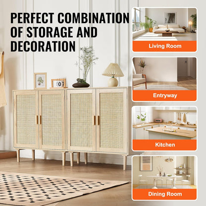 VEVOR Rattan Buffet Cabinet with Storage, 4 Magnetic Doors and Adjustable Shelves, Sideboard for Hallway, Living Room, Kitchen, Natural