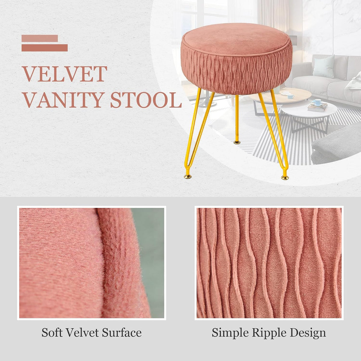 Velvet Vanity Stool Footrests, Round Ottoman Vanity Chairs with Anti-Slip Feet, Dressing Table Seat Foot Stool with Black Legs, Furry Padded Seat Side Table for Makeup Bedroom(Pink, Golden)