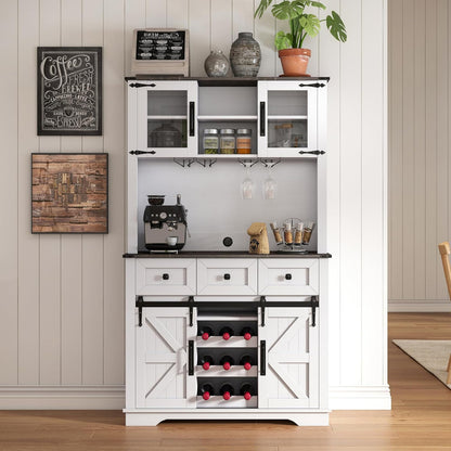 Coffee Bar Cabinet with Sliding Barn Doors 71'' Farmhouse Pantry Cabinet with Drawers & Wine Glass Rack Rustic Buffet Cabinet for Kitchen, White and Black