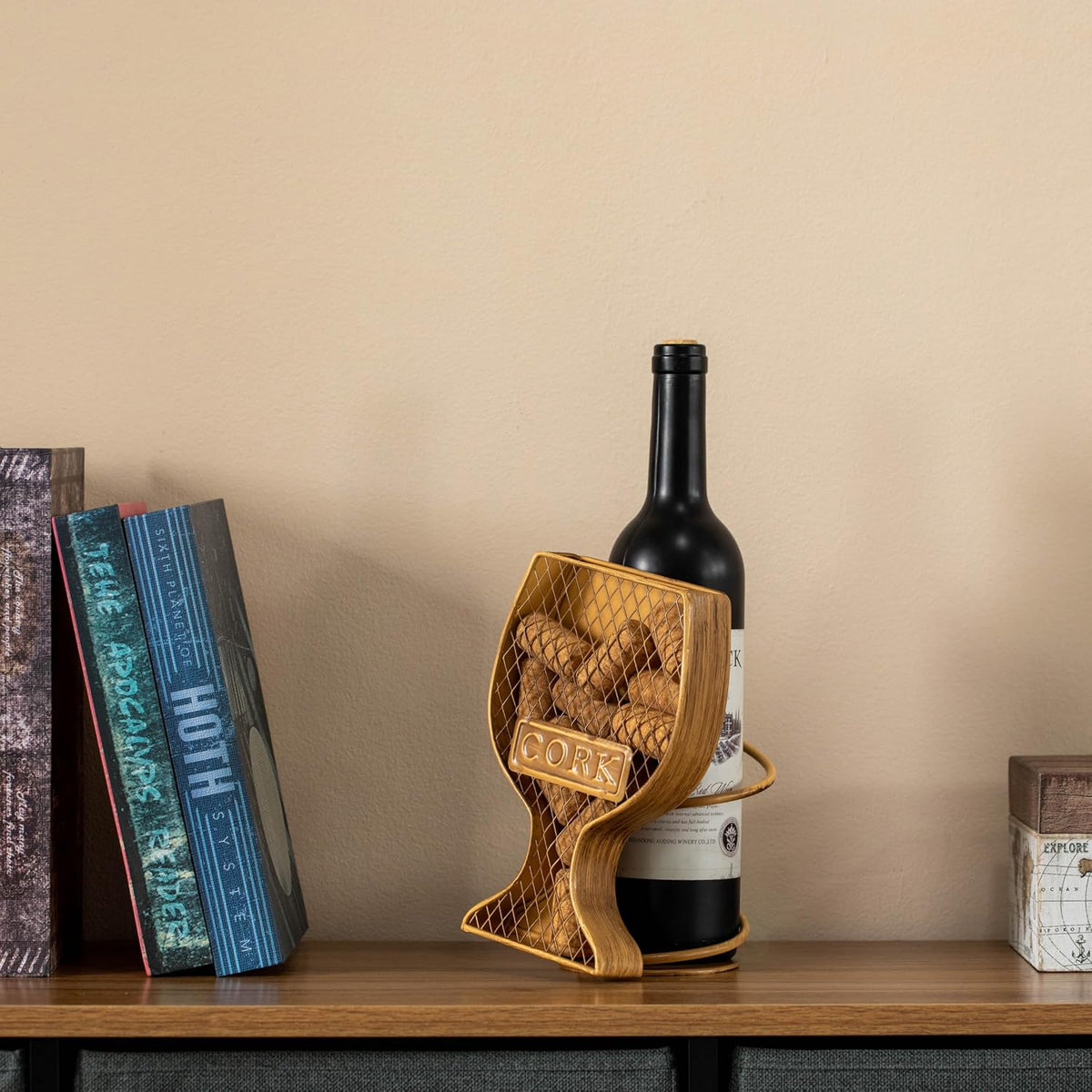 Vintiquewise Decorative Metal Goblet Shape Wine Bottle and Cork Holder A Unique Home Decor Piece and Countertop Accessory for Kitchens, Bars, and Dining Rooms - Great Collection for Wine Lovers