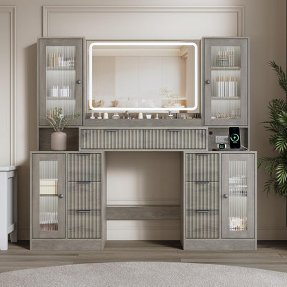 Fluted Vanity Desk with Mirror & Lights | 8 Drawers & 4 Cabinets, Tempered Glass Top, RGB Cabinet Lighting, 3-Color Dimmable Mirror, Charging Station