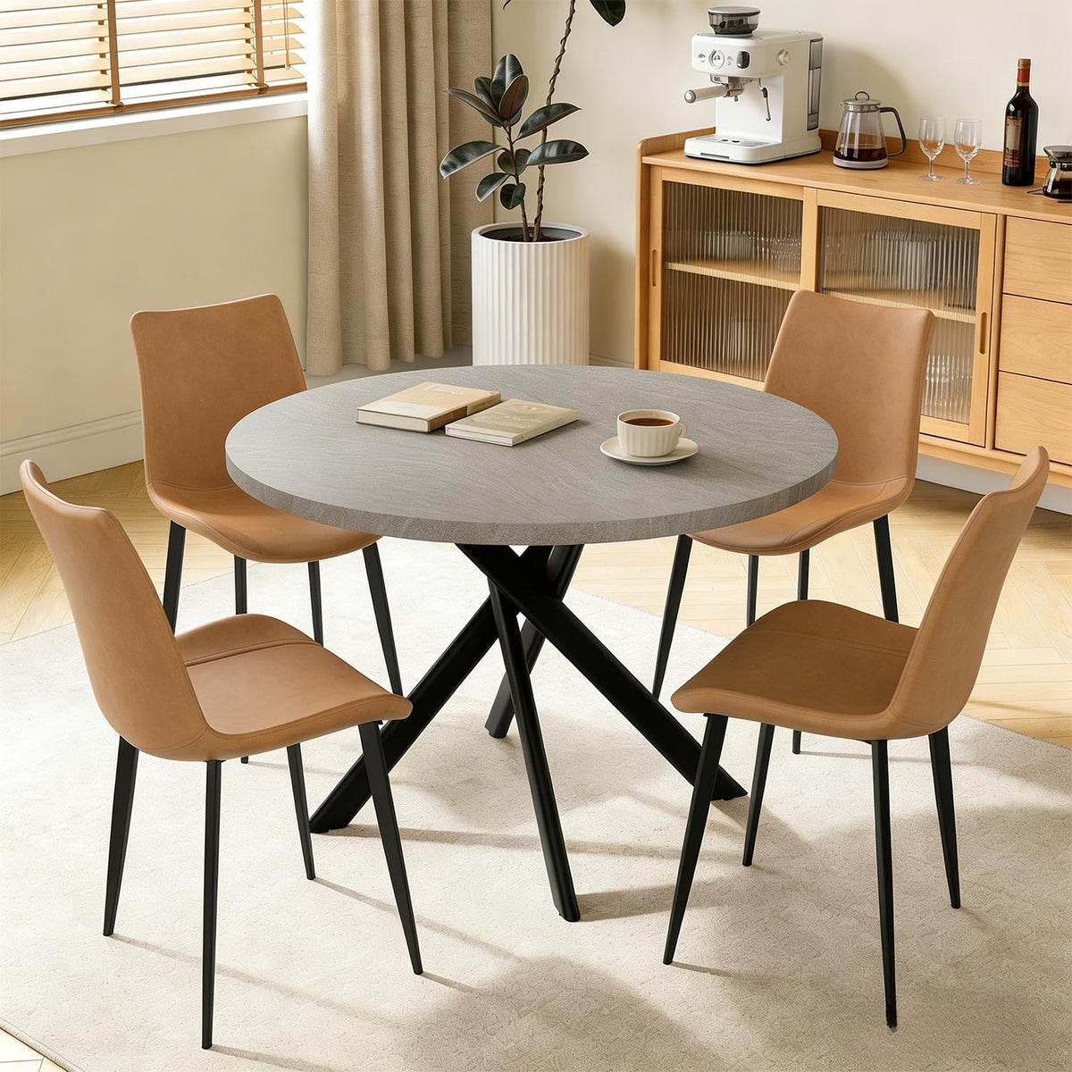 44" Round Dining Table with Chair Set for 4, Modern Mid-Century Dining Table Set of 4, Cozy Dinette Sets with Metal Leg for Kitchen Dining Room Apartment(Gray Table + Brown Chairs) | Cushioned Minimalist Brown Chairs of 4, Mid-Century Grey Tabletop