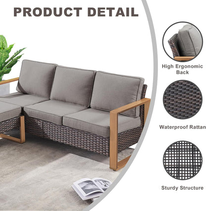 Rilyson Outdoor Couch Wicker Patio Sofa, Rattan Patio Furniture Sofa with Sturdy Frame,All-Weather PE Wicker,Wide Armrest,Deep Seating and Thick Cushions for Deck Porch Garden(Brown/Grey)