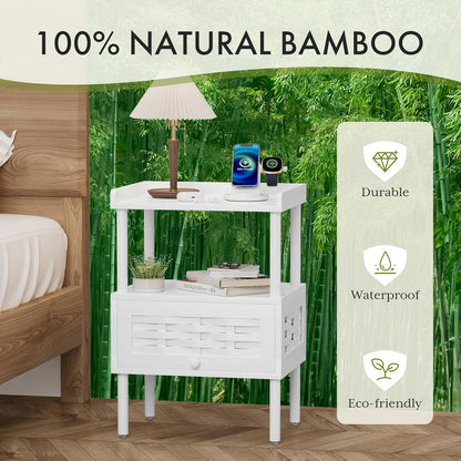 Amazer White Nightstand with Charging Station, Bamboo Night Stand for Bedroom, Bedside Table with USB Ports & Outlets, End Table with Lift-Up Drawer & Open Shelf