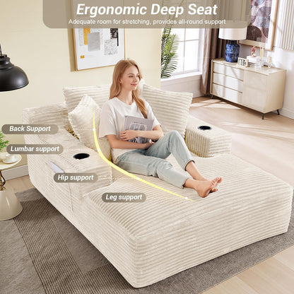 50" x 68" Corduroy Chaise Lounge, Cup Holders, Beige | Oversized corduroy chaise with a deep sleeper seat, built-in cup holders, and 3 pillows for reading, lounging, or naps.