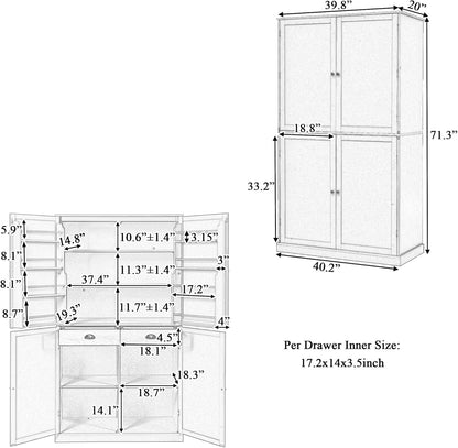 71.3" Freestanding Kitchen Pantry Cabinet with 2 Drawers, 8 Door Shelves & Adjustable Shelves, Large Farmhouse Storage for Kitchen Dining Room, Blue