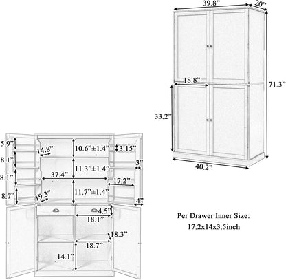 Kitchen Pantry with 2 Drawers and 2 Adjustable Shelves, 71.3inch Kitchen Cabinet with 8 Door Shelves, Large for Living Room, Gray