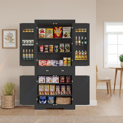 72" Kitchen Pantry Storage Cabinet, Utility Freestanding Food Pantry with 2 Drawer & 6 Door Shelves, Modern Wood Tall Cupboard with 4 Adjustable Shelves for Dining Room, Living Room, Kitchen,Black