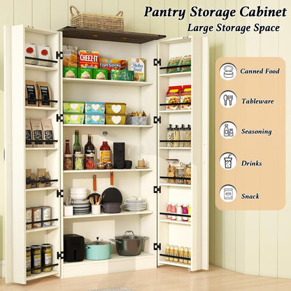 Tall Kitchen Pantry Cabinet, White Wood Storage Cabinet with 2 Doors | Food Pantry Cabinets for Kitchen Storage, Off White Wood Storage Cabinet, Farmhouse Cabinets with Freestanding Cupboard