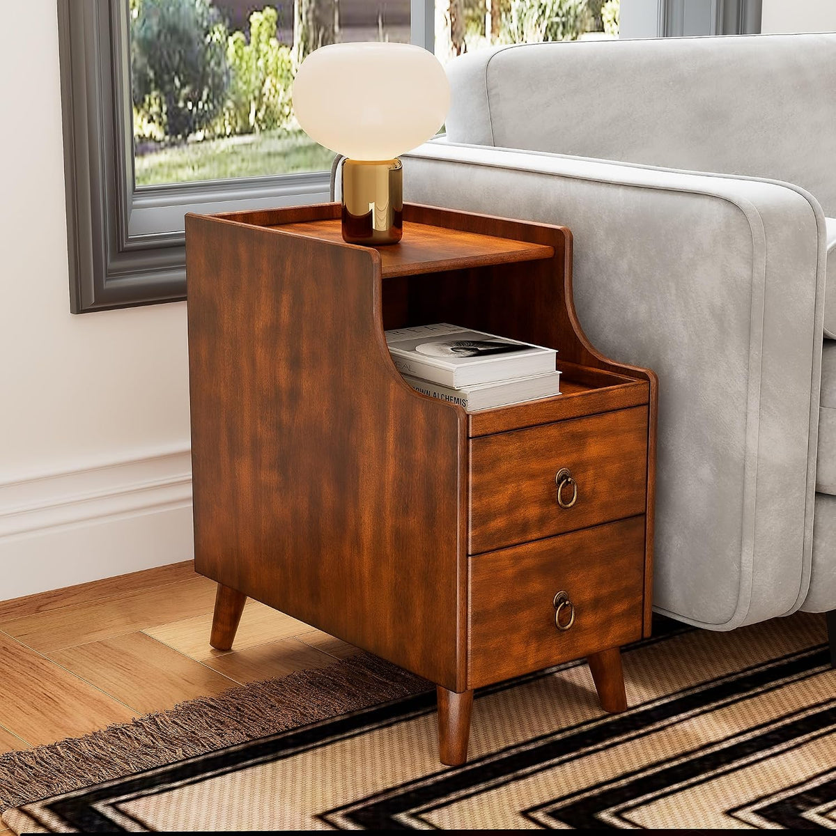 Narrow End Side Table with 2 Drawers and Pull-Out Tray, No-Tools Assembly Sofa Beside Table for Living Room, Slim Side Table with Solid Wood Legs, 11.8”W x 21.6”L x 22.9”H Caramel Brown BG-A1359-MG