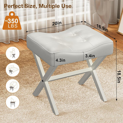 Memobarco 18-Inch Large Leather Vanity Stool, Vanity Chair with Metal X-Leg, Ottoman Accent Stool with Thick Padded Saddle Seat, White