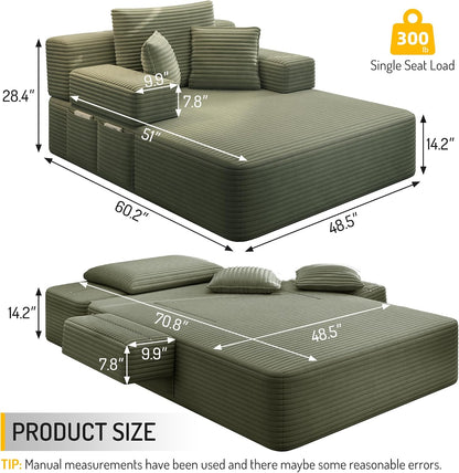 60.2 Inch Chaise Lounge Chair Indoor, Oversized Chaise Lounge with Adjustable Backrest and Armrests, Luxurious Corduroy Convertible Sofa Bed with Storage Pocket for Small Spaces, Apartment (Green)