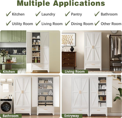 COFaR Metal Storage Cabinet, Farmhouse Storage Cabinet with 2 Doors and 4 Adjustable Shelves - 71" White Kitchen Pantry Storage 5-Tier Tall Steel Cabinets Locker for Kitchen, Living Room, Dining Room