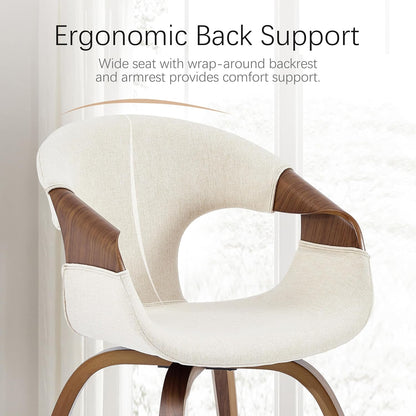 Zouron Mid-Century Swivel Dining Chair, Fabric Upholstered Accent Chairs with Bentwood Arms & Legs, Padded Armchair with Backrest for Kitchen, Dining Room, Living Room, Beige