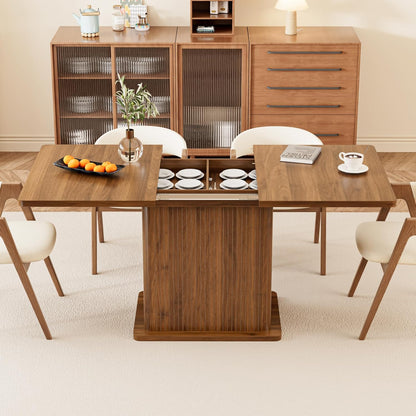 Extendable Kitchen Dining Table for 4-6, 47-65 Inch Rectangle Dining Room Table with 2 Doors, Large Storage, Mid Century Modern Dinner Furniture, Living Room, Space Saving, Square, Fluted, Walnut