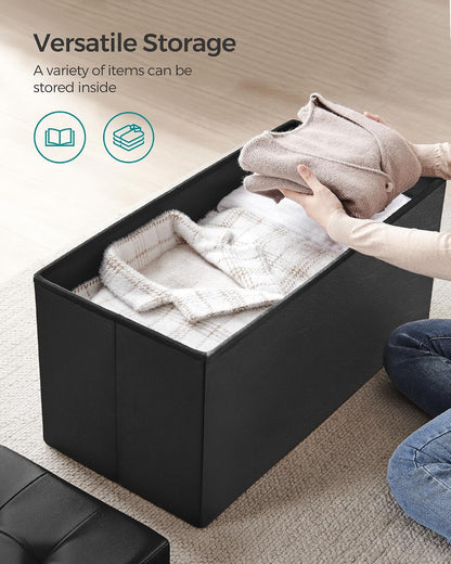 SONGMICS 30 Inches Folding Storage Ottoman Bench with Flipping Lid | Storage Chest Footrest Padded Seat, MDF Support, Ink Black, MINOTA Collection ULSF45BK