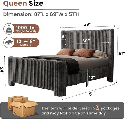 Queen Bed Frame with Faux Fur Upholstered Curved Wingback Headboard & Footboard, Platform Bed with Removable Washable Cover & Wood Slats, Noise-Free, No Box Spring Needed, Easy Assembly, Grey
