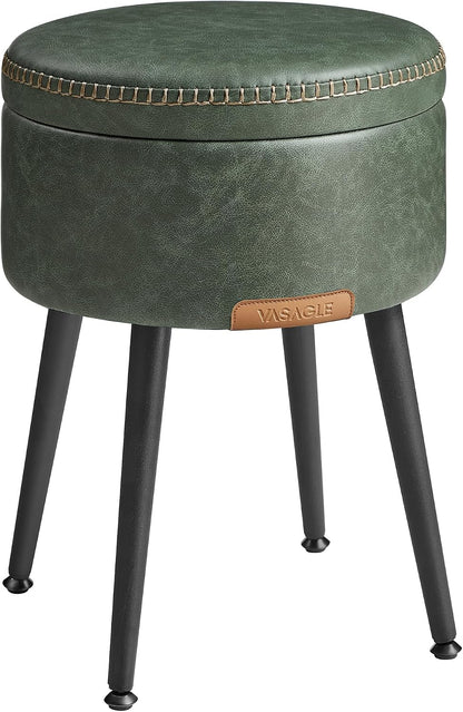 VASAGLE Storage Ottoman, Synthetic Leather Round Seat with Steel Legs | Vanity Chair Stool, with Stitching, Transitional, Loads 150 kg, Forest Green and Matte Black, EKHO Collection ULOM005C01