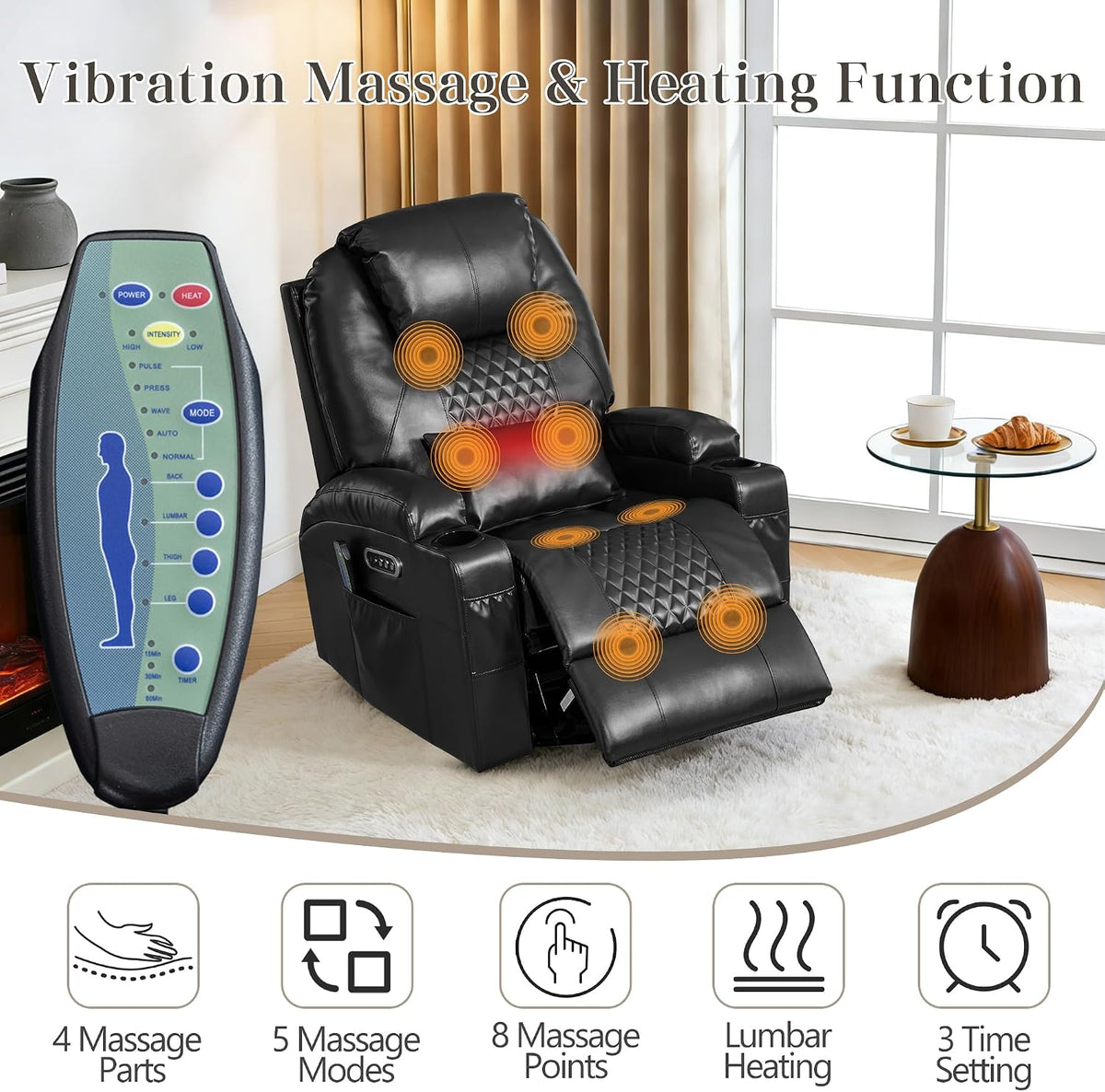 AHMED Dual Motor Power Swivel Rocker Recliner Chair, Faux Leather, Black | Electric Glider Rocking Chair, Massage & Heat, Cup Holders, LED Lights, USB A/USB C Ports