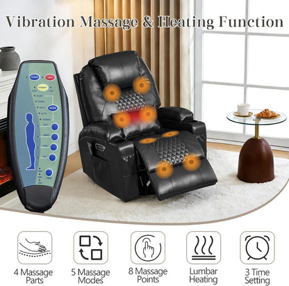 AHMED Dual Motor Power Swivel Rocker Recliner Chair, Faux Leather, Black | Electric Glider Rocking Chair, Massage & Heat, Cup Holders, LED Lights, USB A/USB C Ports