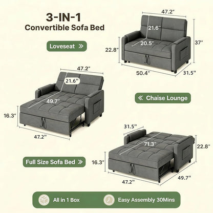 Gizoon Convertible Sofa Bed Modern Couch Bed & Small Loveseat Sleeper, Grey | 3 in 1 Pull out Couch, Space-Saving Design, 5-Position Adjustable Futon Sofa Bed for Living Room, Apartment, Guest Room