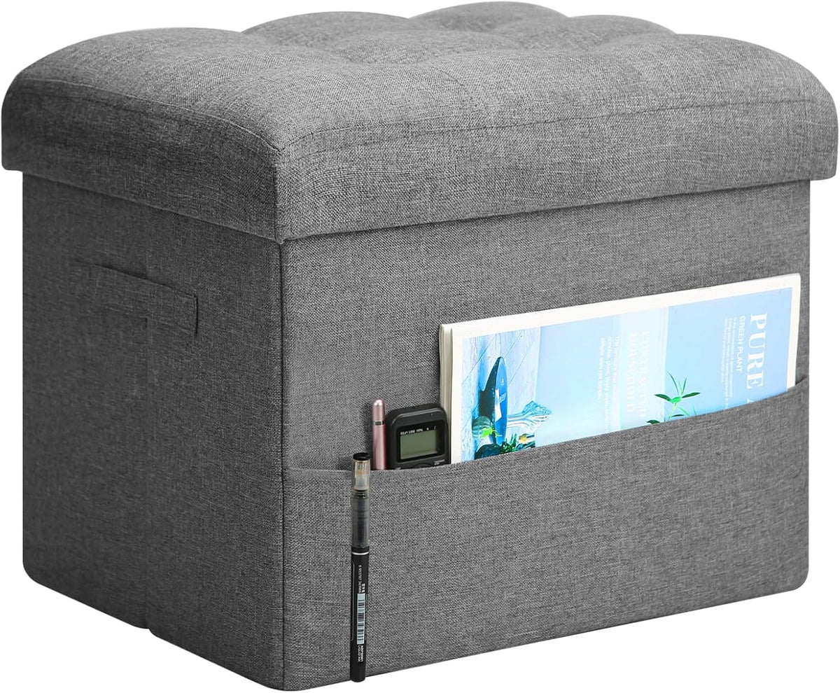 Storage Ottoman with Extra Thick Foam Padded Seat, Foldable Foot Rest Stool with Linen Fabric, 43L Ottoman with Storage Bench for Bedroom Living Room, Holds Up to 300lbs, 17x13x13in, Dark Gray