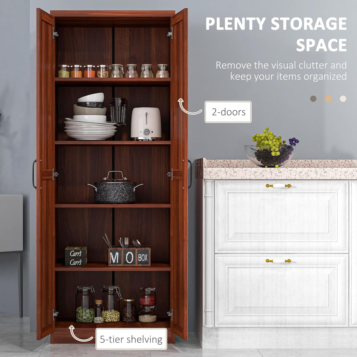 63" 2-Door Kitchen Pantry, Freestanding Storage Cabinet with 5-Tier Shelving and 2 Adjustable Shelves for Dining Room, Cherry Wood Color