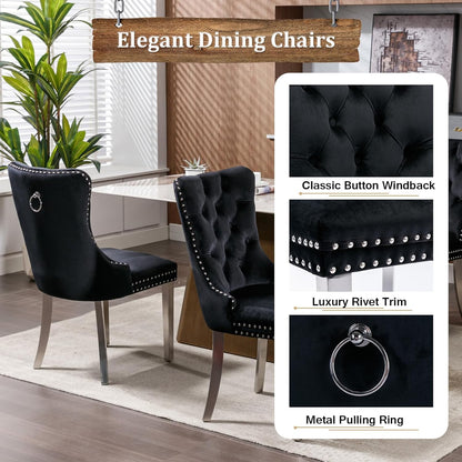 Faux Marble Extendable Dining Table Set for 6, Modern White Kitchen Table Set with 6 Black Tufted Chairs, 7 Piece Extendable Dining Table Set, 63"-78.7" Expandable Dining Table with Sturdy Base